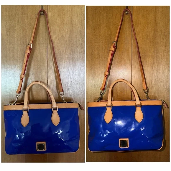 Dooney & Bourke Patent Leather Small Zip Satchel Electric Blue & Tan Trim - Picture 11 of 16